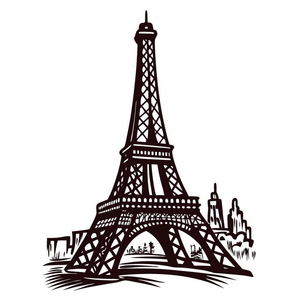 Detailed sketch of the eiffel tower with urban background elements vector