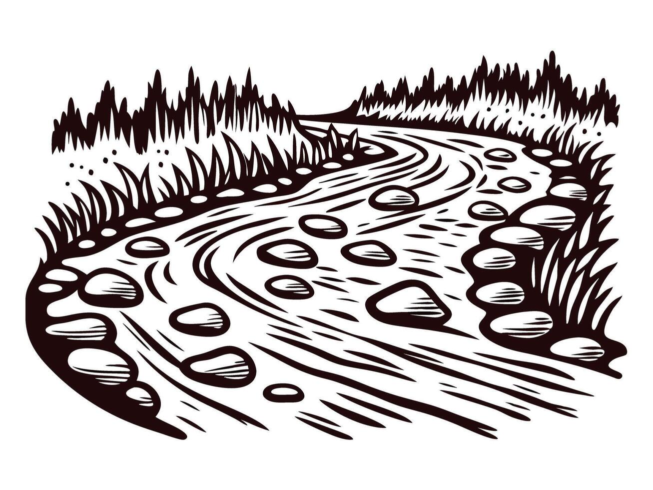 Black and white of a winding river with stones and forested banks vector