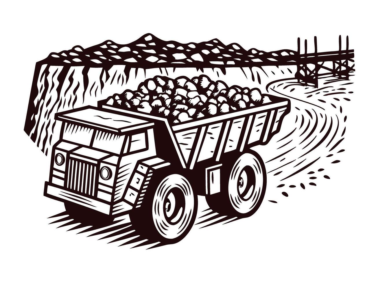 Large mining dump truck transporting rocks on dirt road in quarry vector