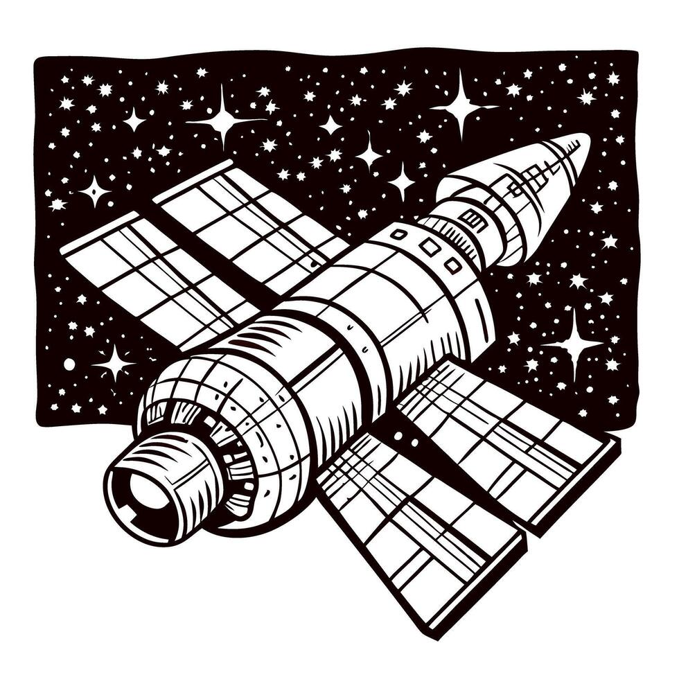 Spacecraft traveling through starry cosmos with solar panels in detailed black and white design vector