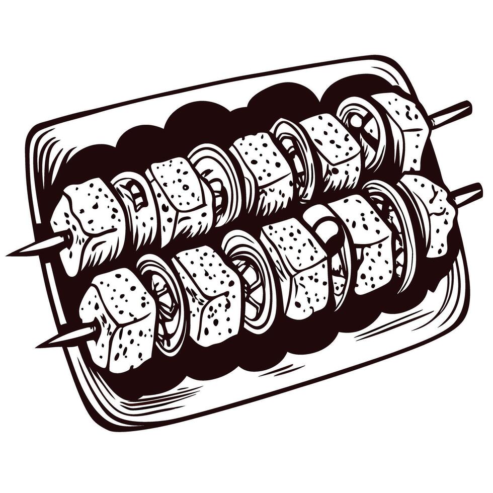 Grilled skewers with vegetables and tofu on a rustic plate, black and white vector