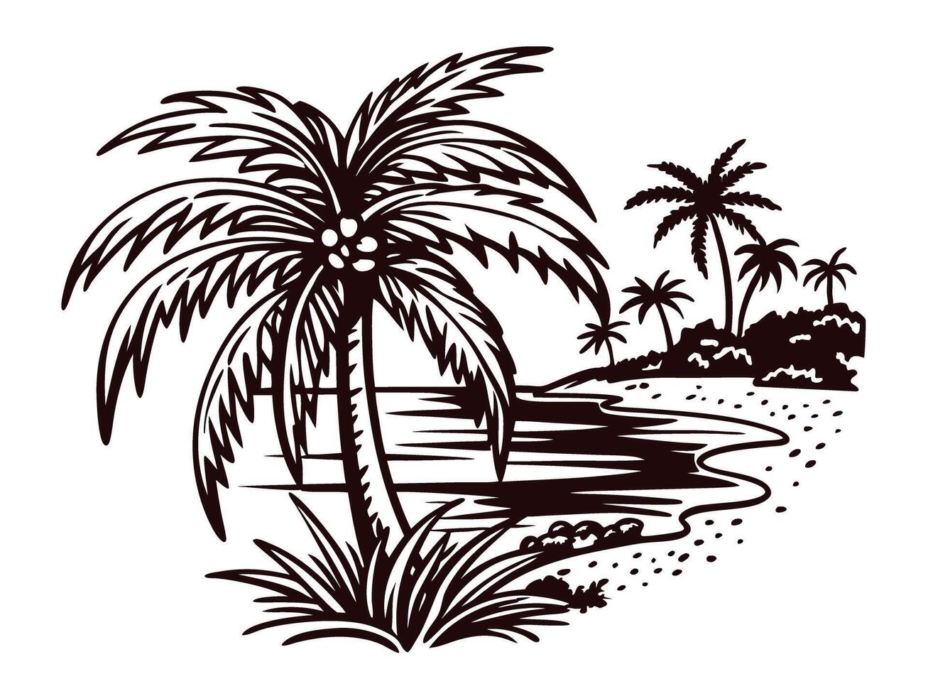 Tropical beach scene with palm trees by the shoreline at sunset vector