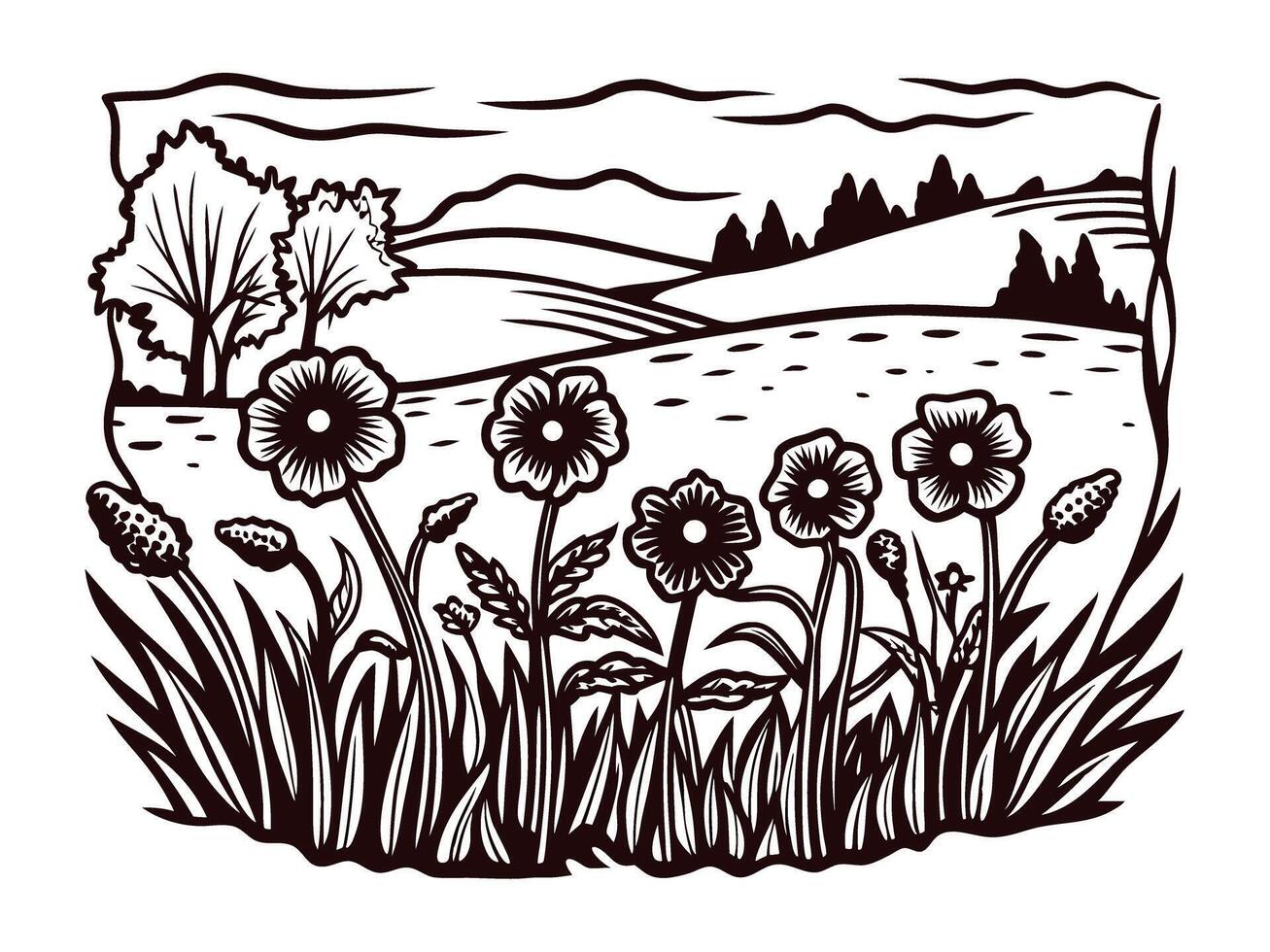Scenic black and white landscape with wildflowers and rolling hills vector