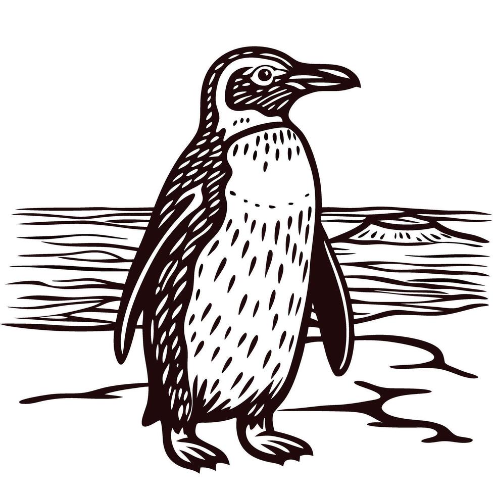Penguin standing on icy terrain with ocean waves in the background under a clear sky vector