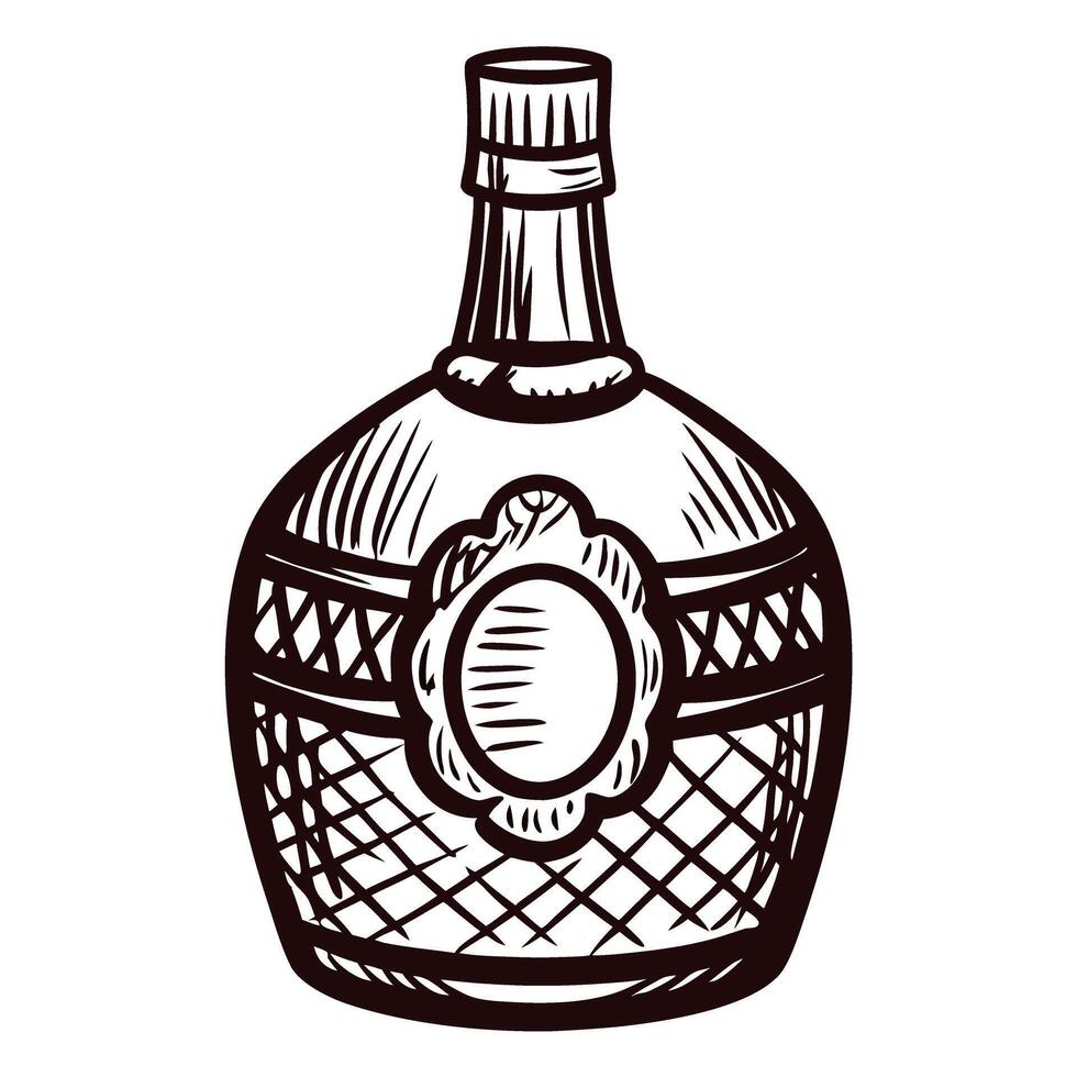 Vintage whiskey bottle with ornate label and wicker detailing vector