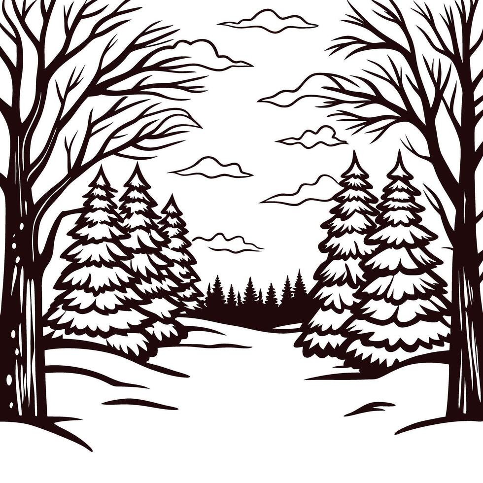 Scenic winter forest with snow covered pine trees and bare branches vector