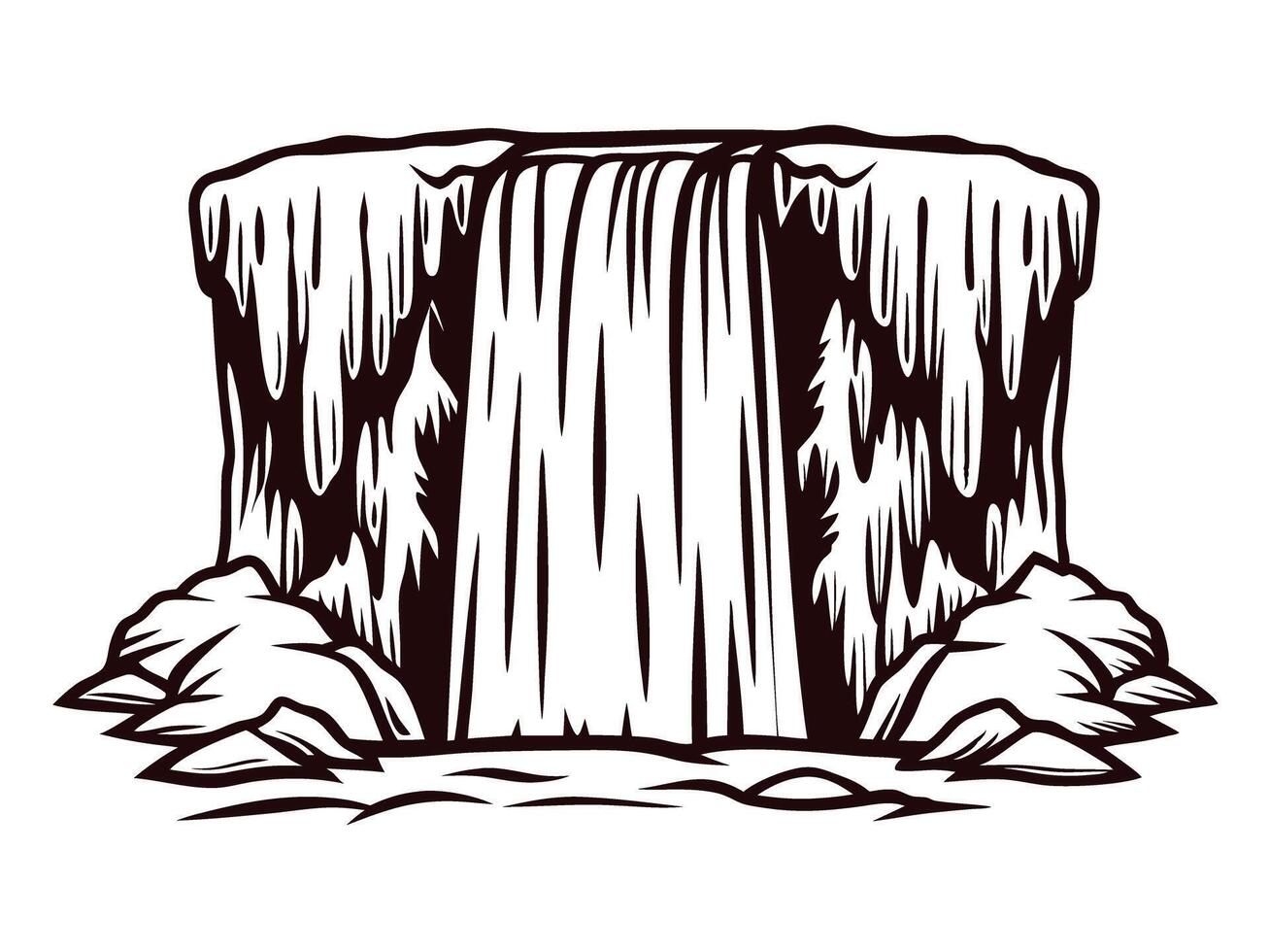 Majestic waterfall cascading over rocky cliff in monochrome vector