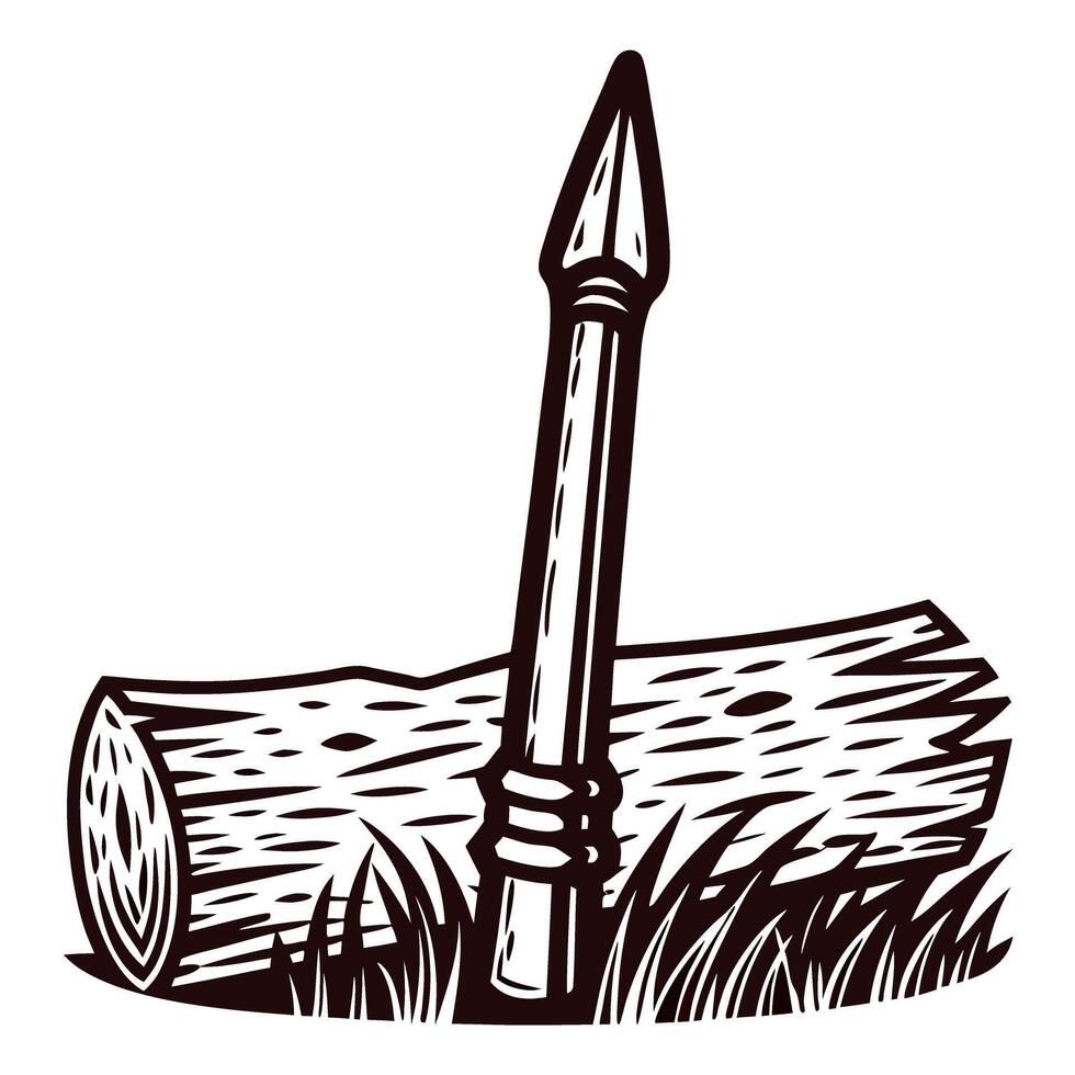 Wooden spear and tree trunk on grass in black and white vector