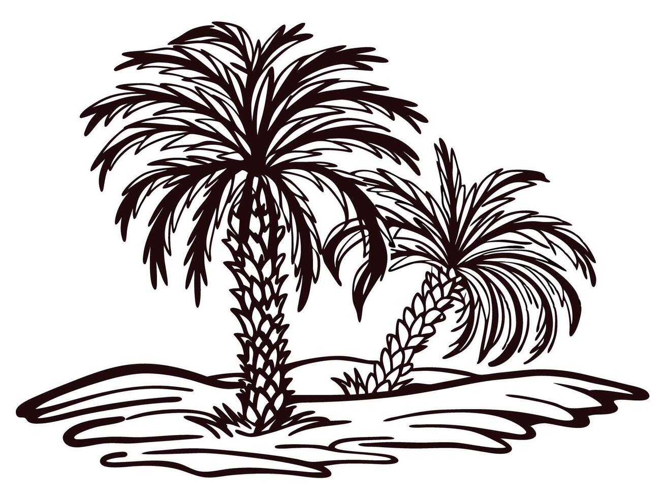 Two palm trees silhouetted on sandy beach with waves in the background vector
