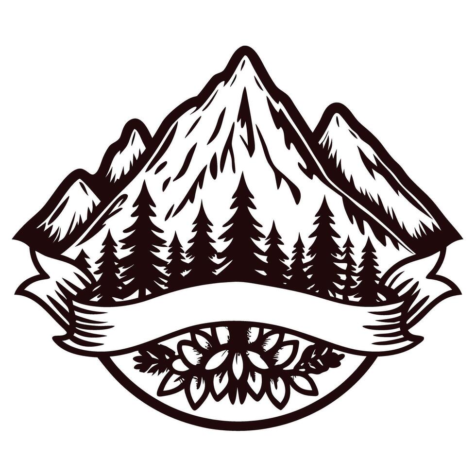 Vintage mountain emblem with pine trees and banner design vector