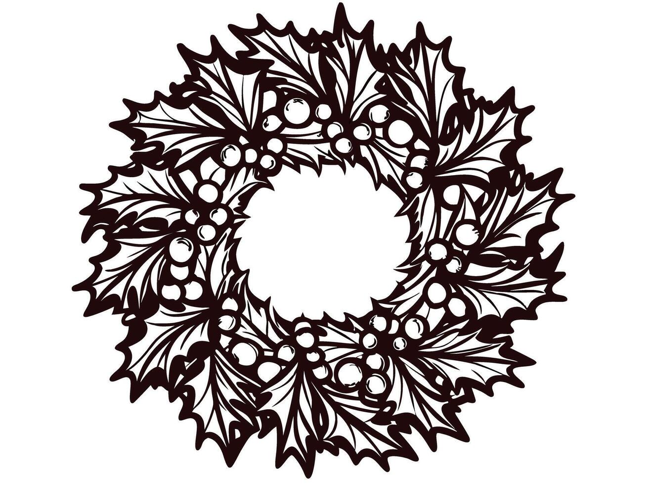 Festive christmas holly wreath outline design with leaves and berries vector