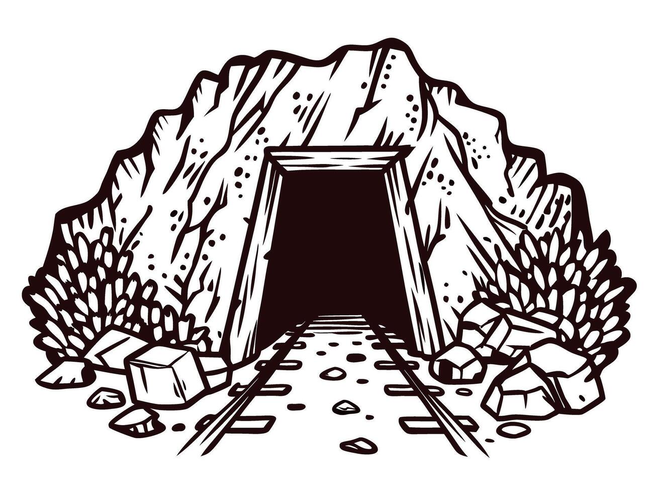 Entrance to abandoned mine tunnel in rocky terrain with overgrown vegetation vector
