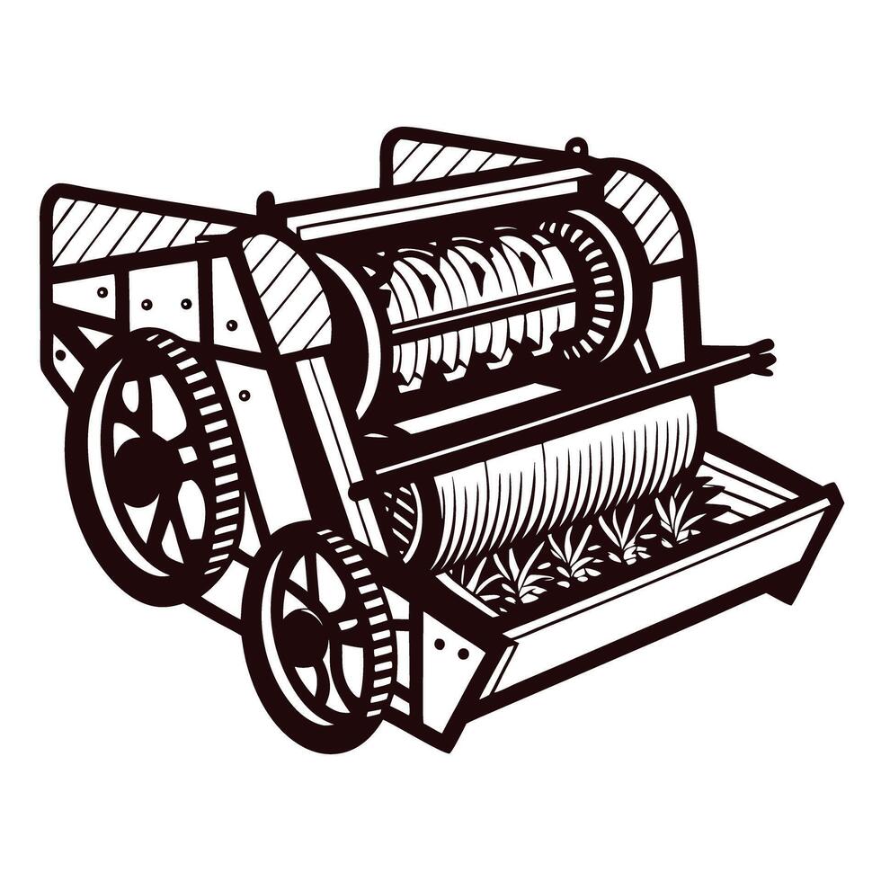 Vintage agricultural machinery with gears and blades in monochrome design vector