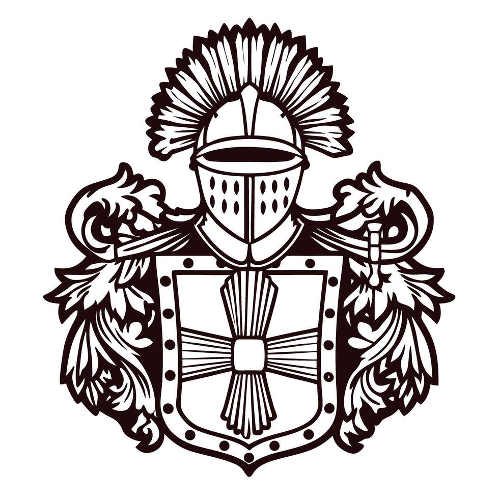Medieval coat of arms with helmet and shield emblem in intricate heraldic design vector