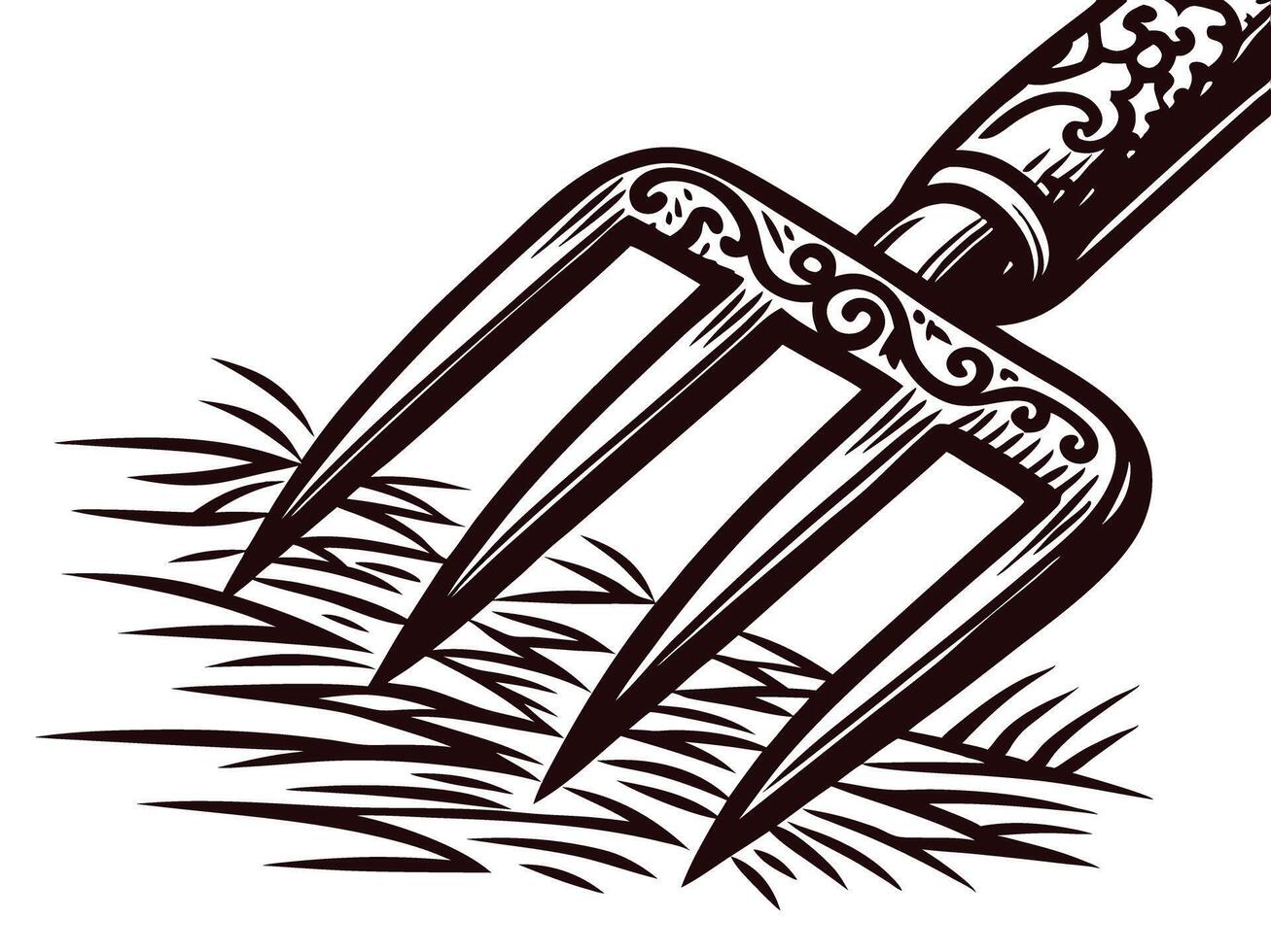 Vintage hand fork cultivating soil with ornate wooden handle design forming artistic patterns vector