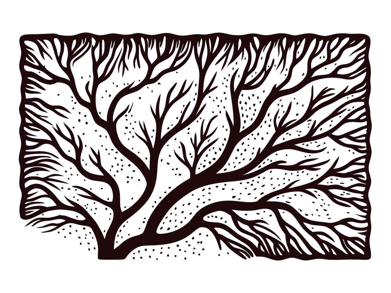 Intricate abstract tree design resembling roots and branches in black and white vector