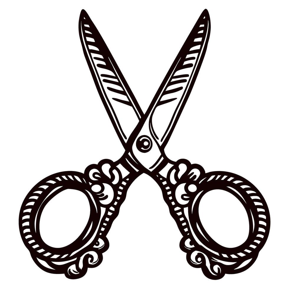 Vintage engraved scissors with ornate handles displayed on a white background vector