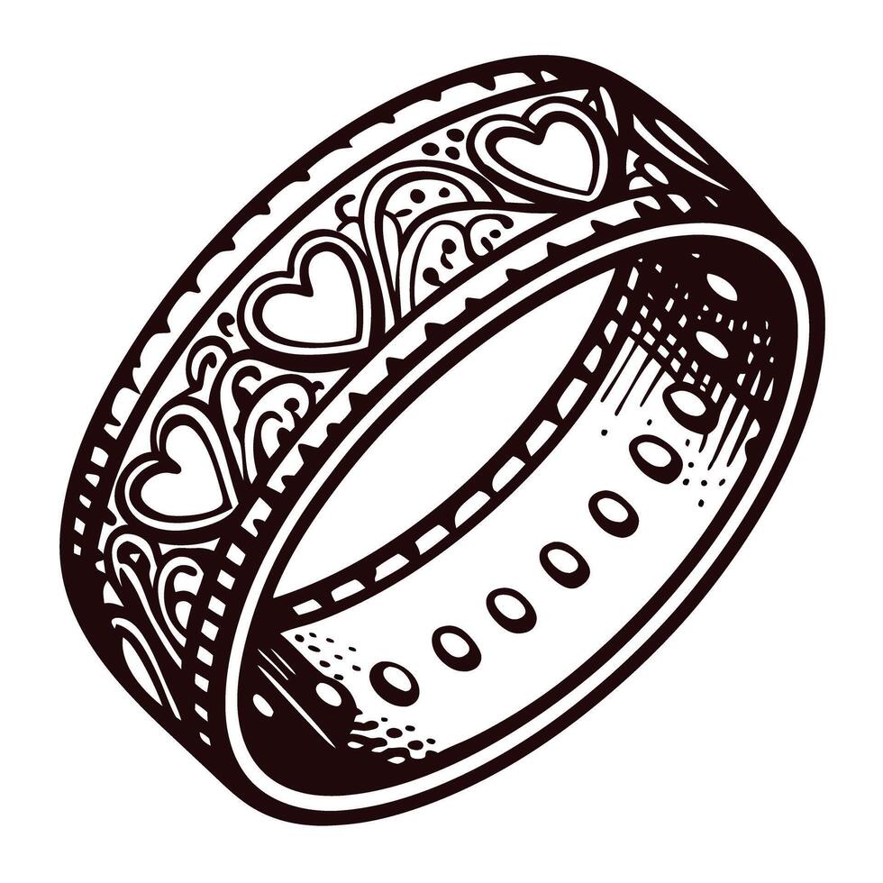 Ornate decorative ring with heart patterns in detailed black and white design vector
