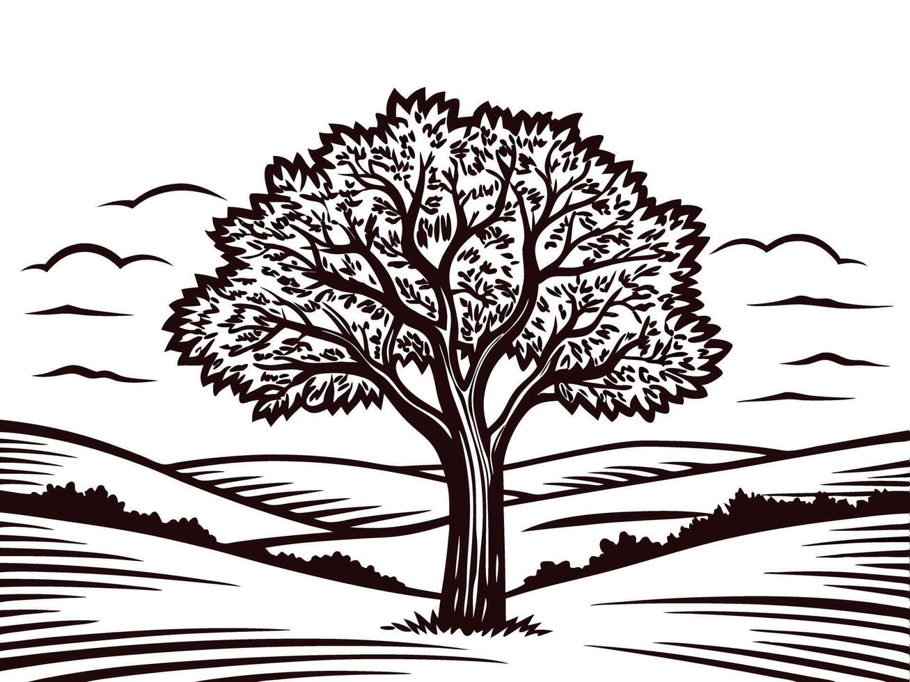 Majestic tree in rolling countryside with cloudy sky and wide landscape view vector