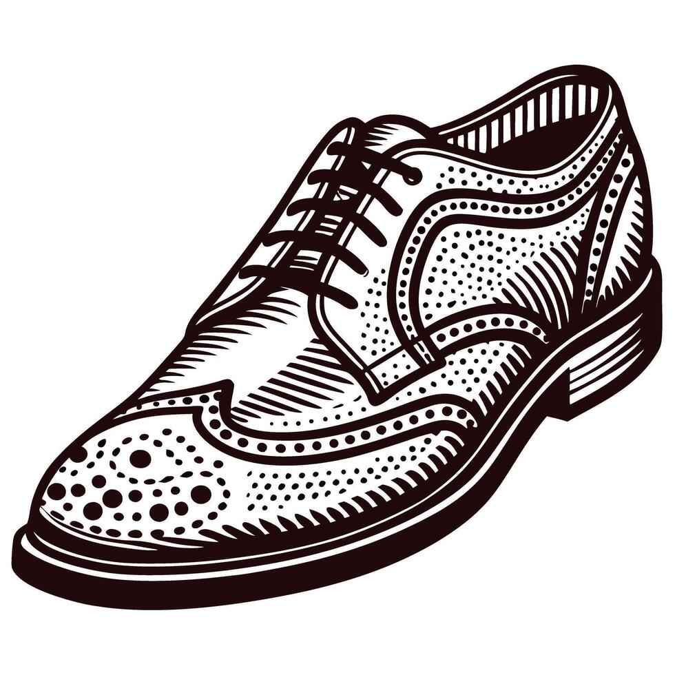 Classic leather brogue shoe sketch with detailed patterns and laces vector