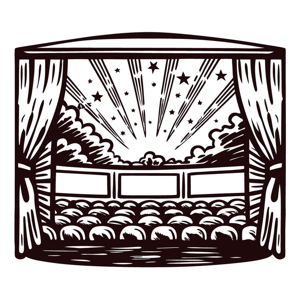 Vintage theater stage with curtains opening to a starry sky scene in a classic art vector