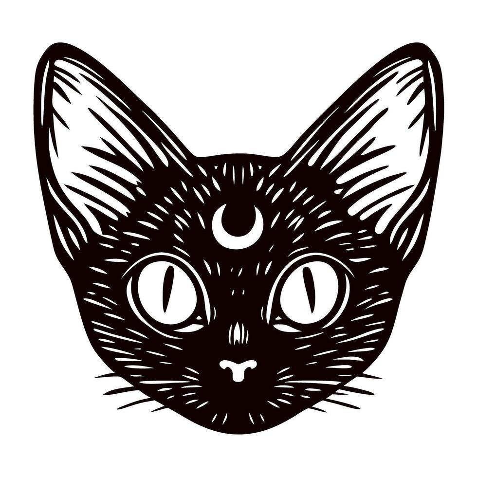 Illustrated black cat with moon symbol in minimalist vector