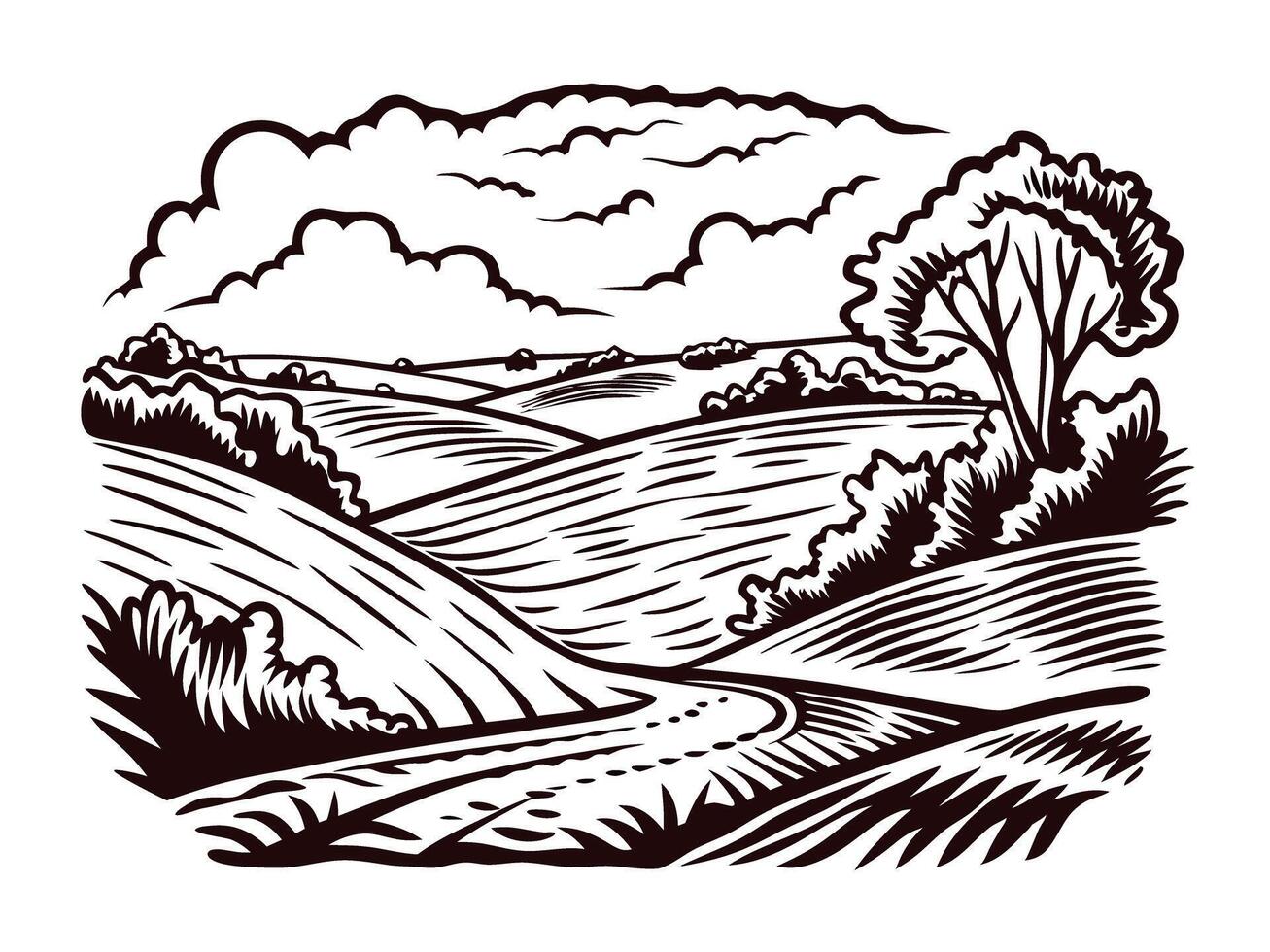 Scenic countryside landscape with rolling hills and dramatic clouds in black and white art vector