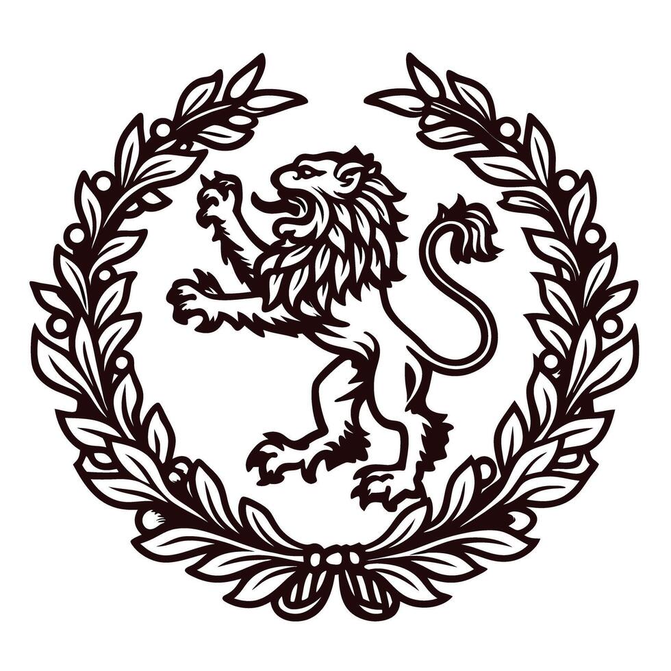 Majestic lion emblem centered in laurel wreath design vector