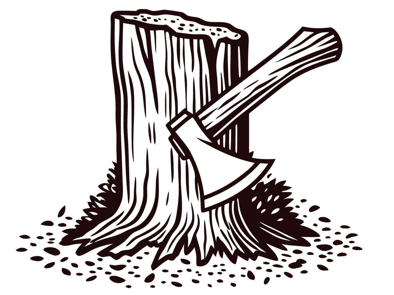 Axe embedded in tree stump with chopped wood and sawdust surrounding vector