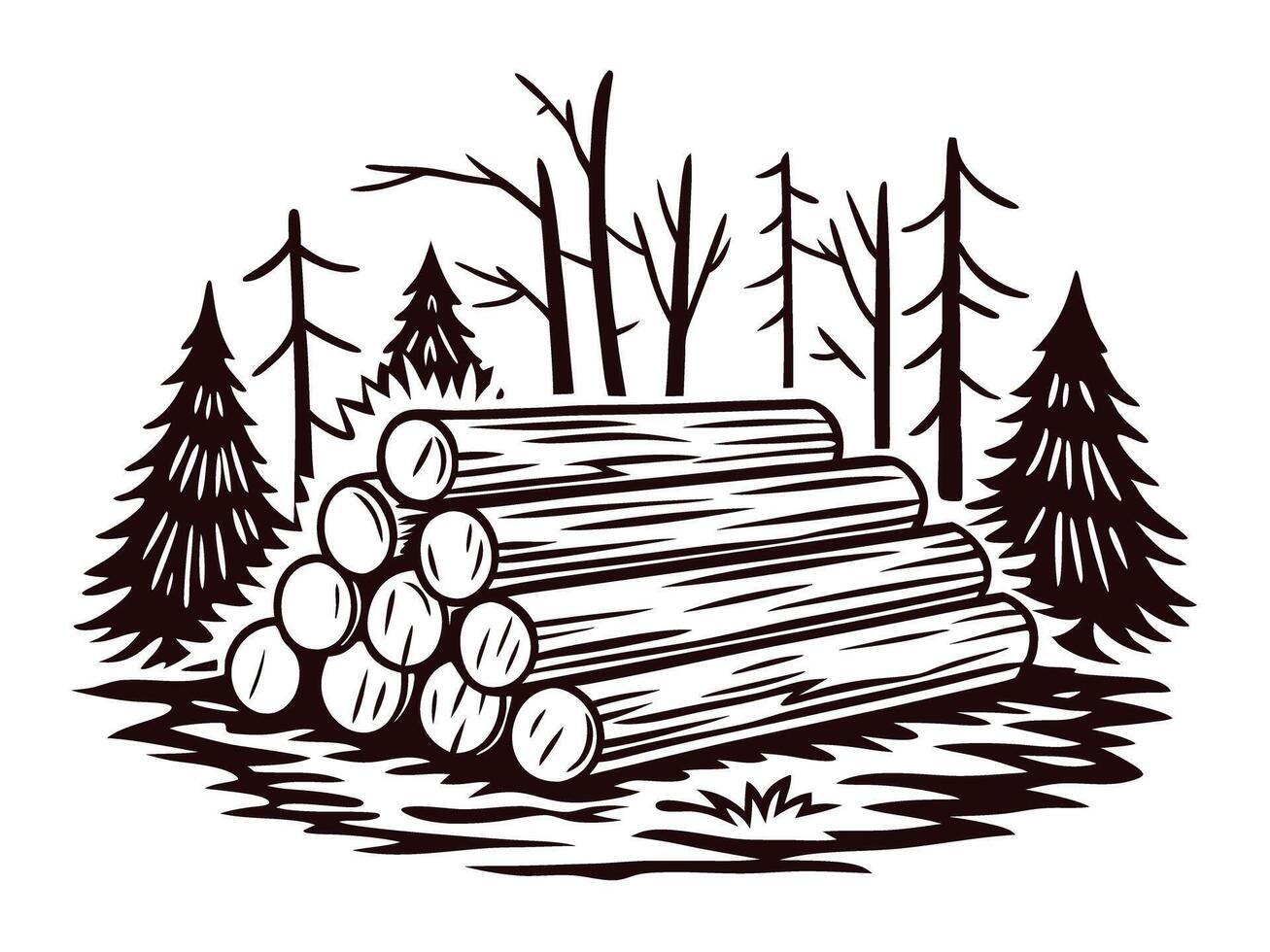 Stack of freshly cut logs amidst a forest of pine and bare trees in a monochrome vector