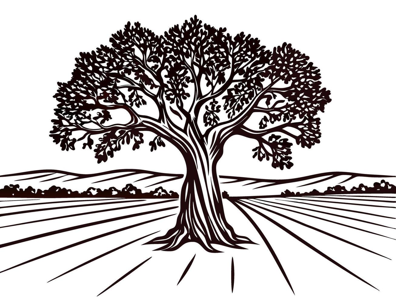 Majestic oak tree in expansive countryside landscape with rolling hills vector