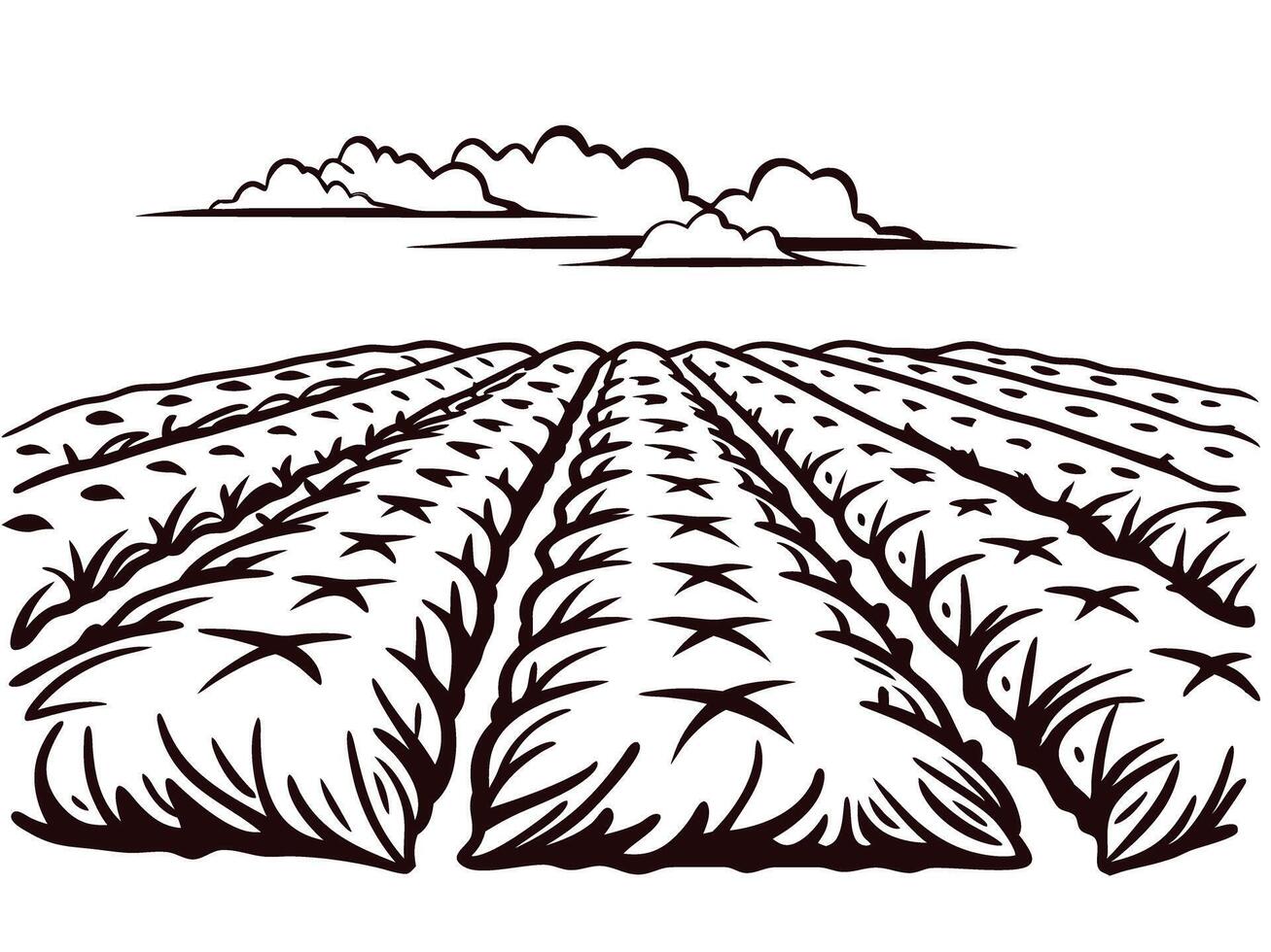 Expansive plowed agricultural field with cloudy sky in monochrome line art vector