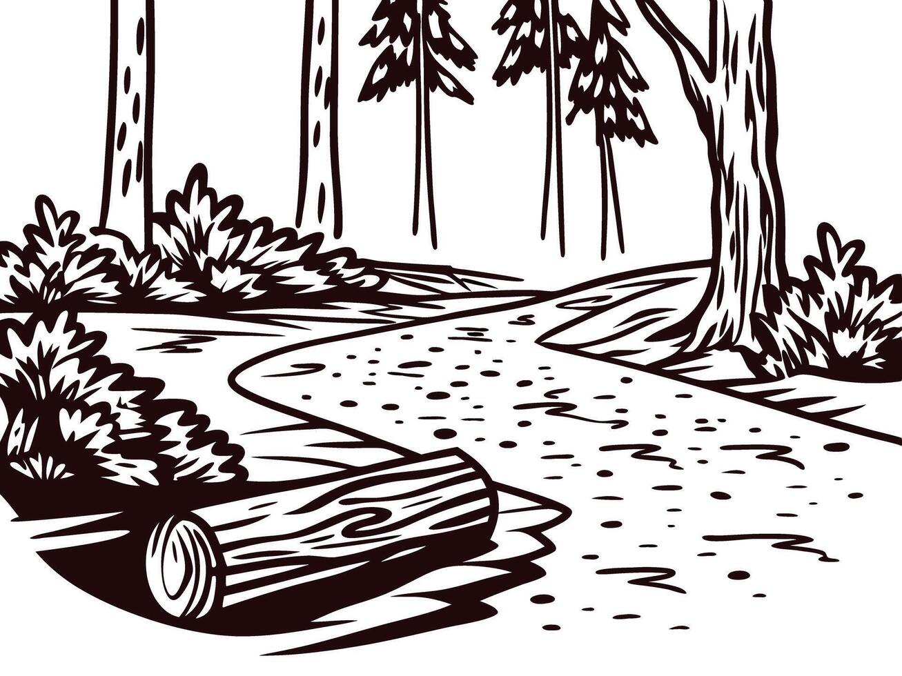 Nature trail in forest with lush trees and log pathway vector