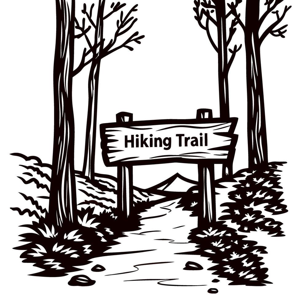 Woodland pathway with rustic hiking trail sign and trees leading to mountains vector