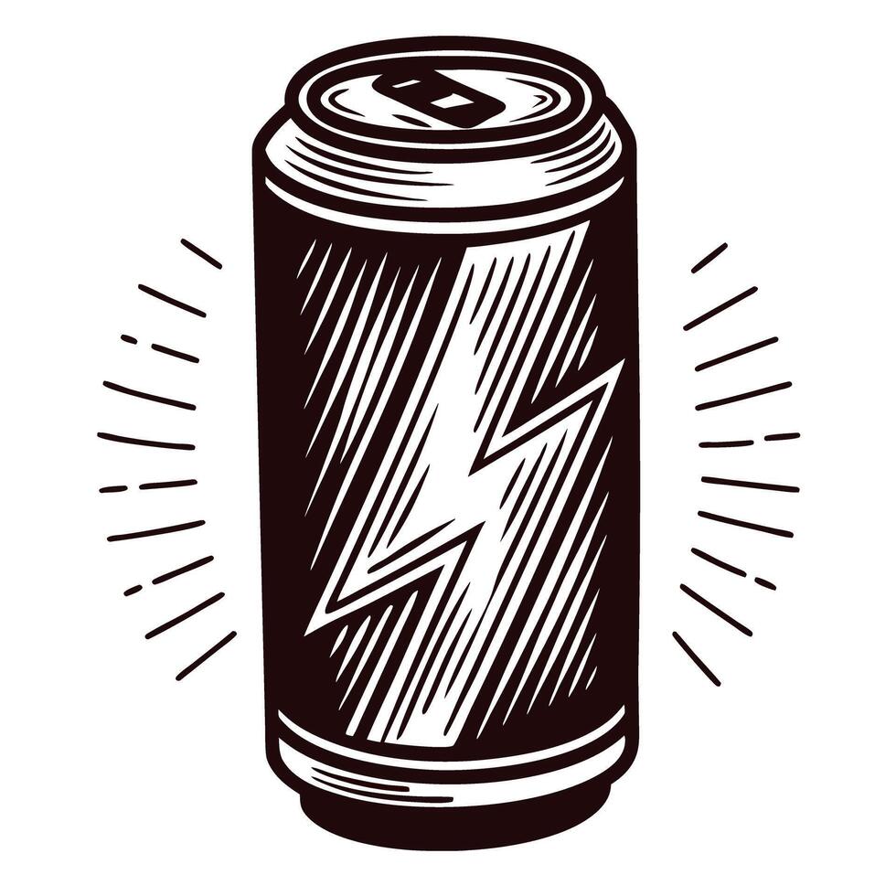 of energy drink can with lightning bolt design and radiating lines vector