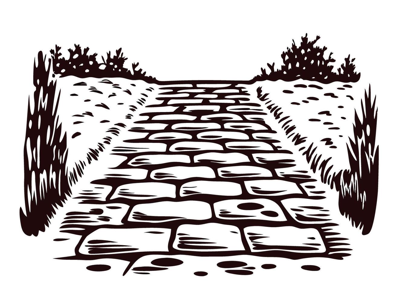 Stone pathway leading through grass and bushes in rural landscape vector