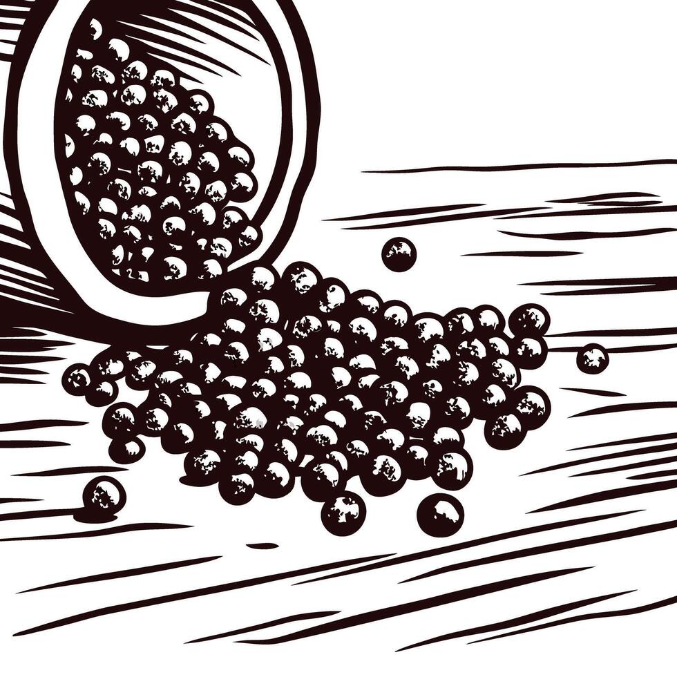 Black peppercorns spilling from overturned container onto wooden surface in rustic kitchen setting vector