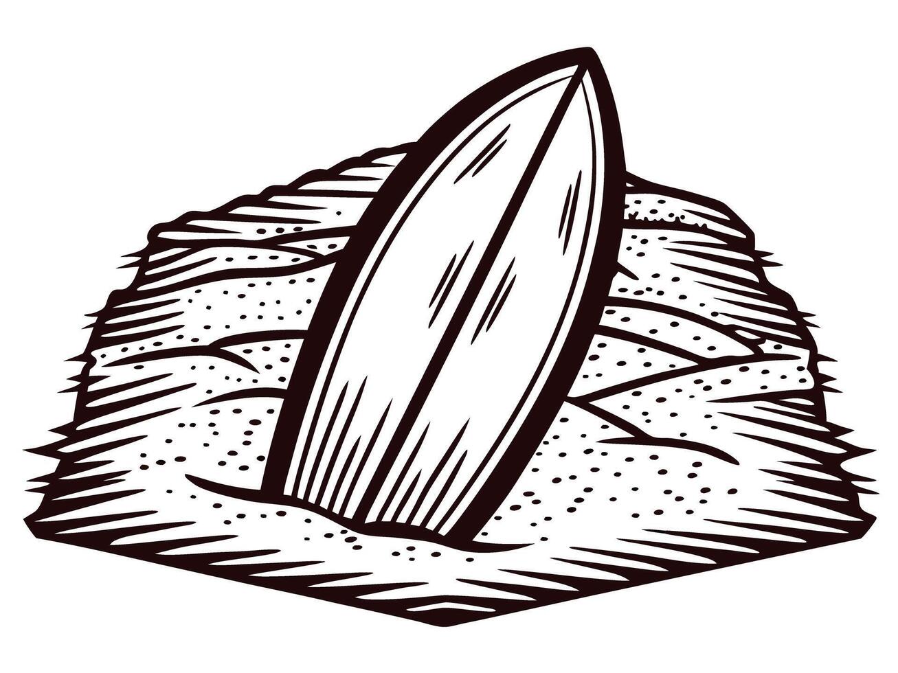 Surfboard embedded in sand on coastal beach with textured waves depicted in black and white engraving vector