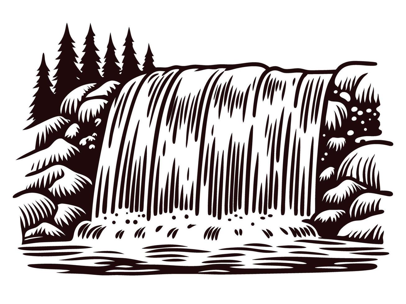 Scenic waterfall flowing amidst lush evergreen forest landscape vector