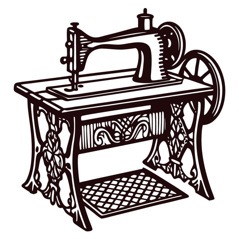 Vintage sewing machine with ornate design on wooden stand vector