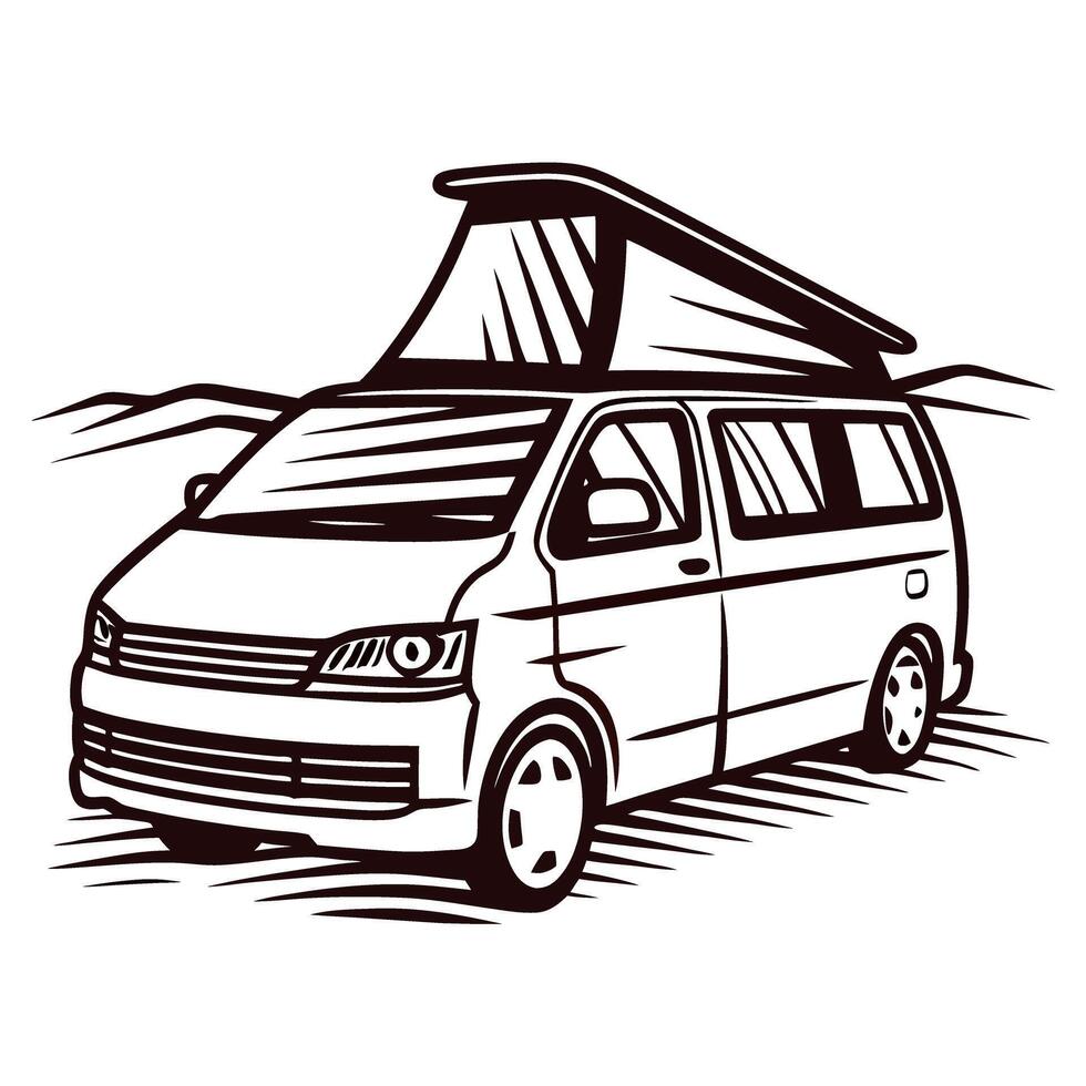 Camper van on mountain landscape with pop up roof vector