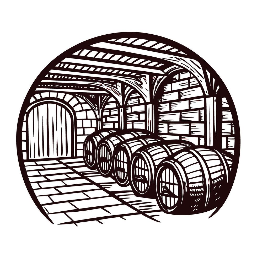 Barrel cellar with rows of wooden casks in arched storage room vector