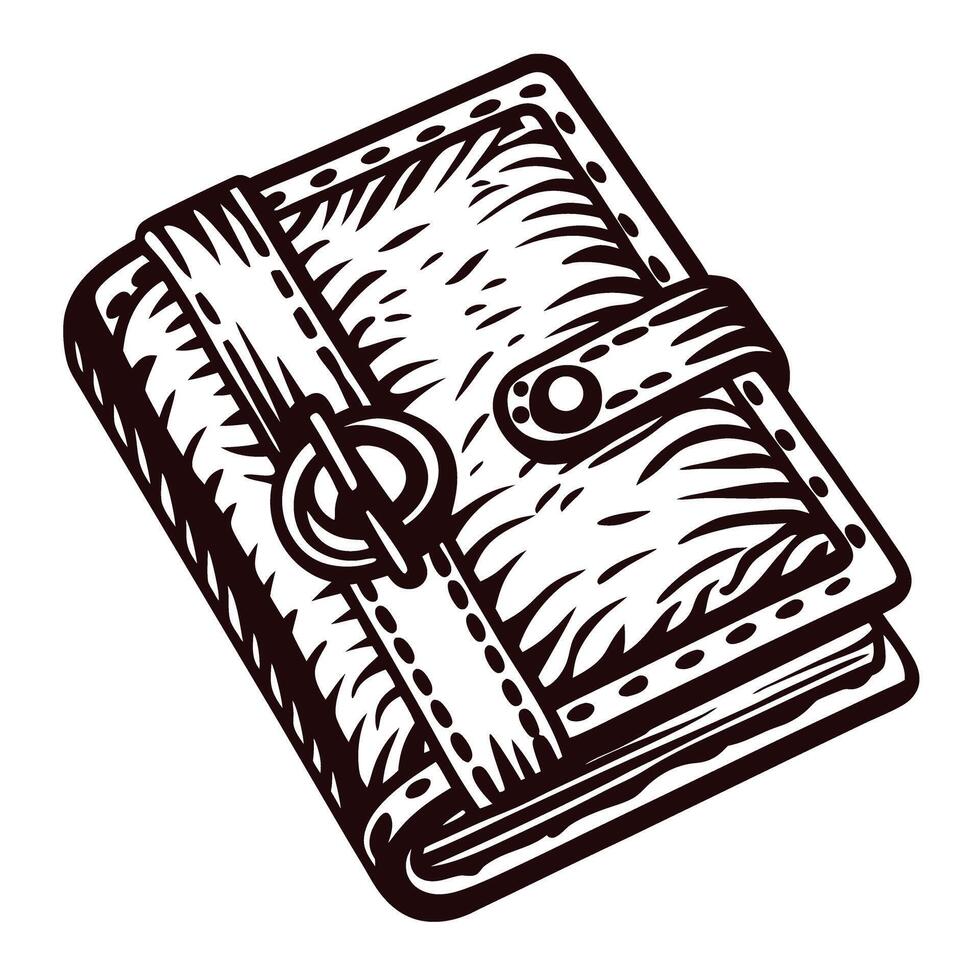 Detailed of a vintage leather bound book with buckle clasp in monochrome vector