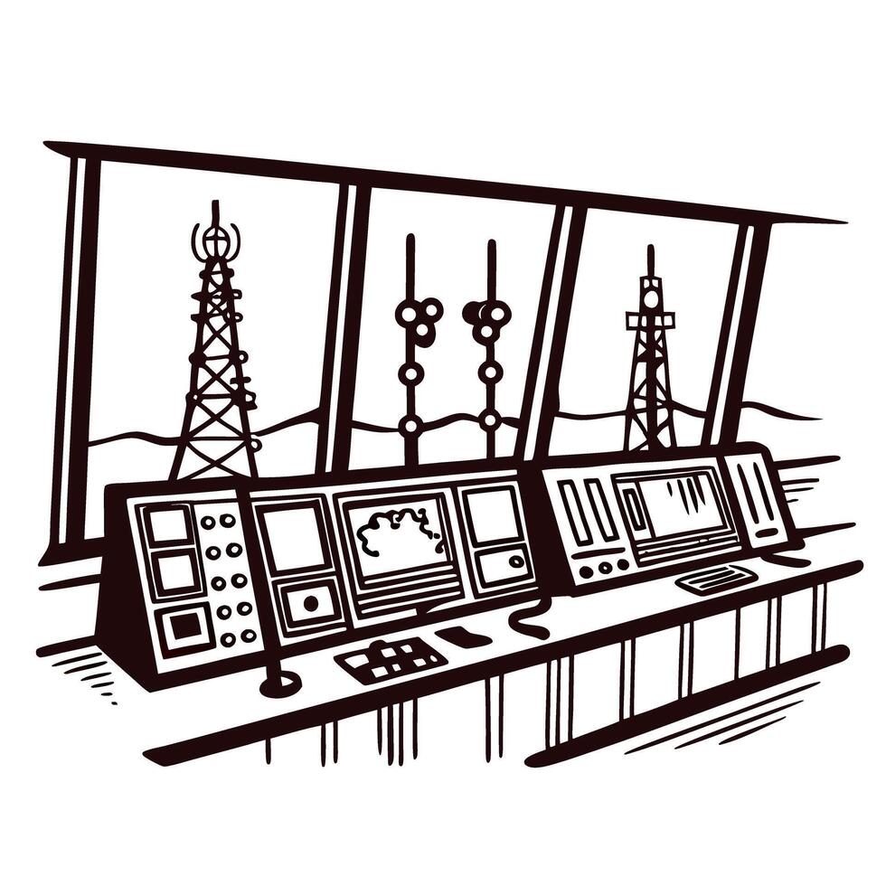 Control room overlooking transmission towers and hills with monitors and early technology equipment vector