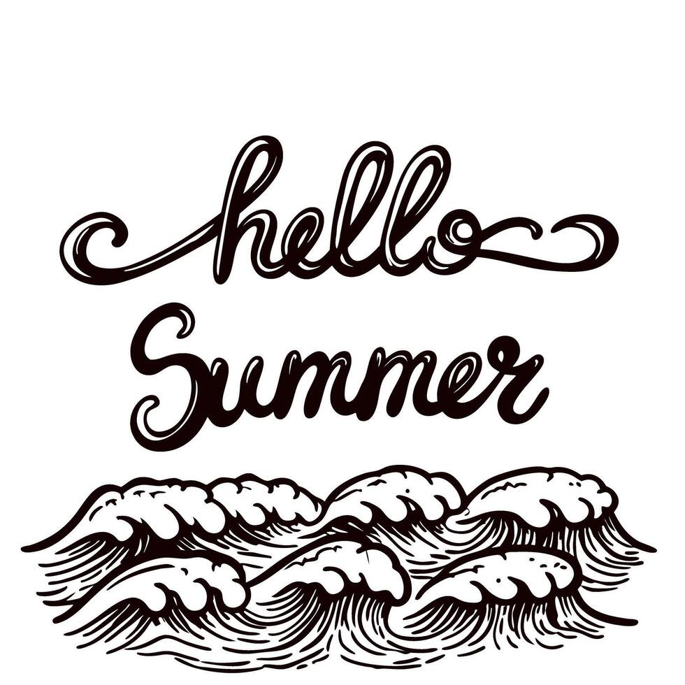 Artistic hand drawn 'hello summer' text with ocean waves graphic design vector