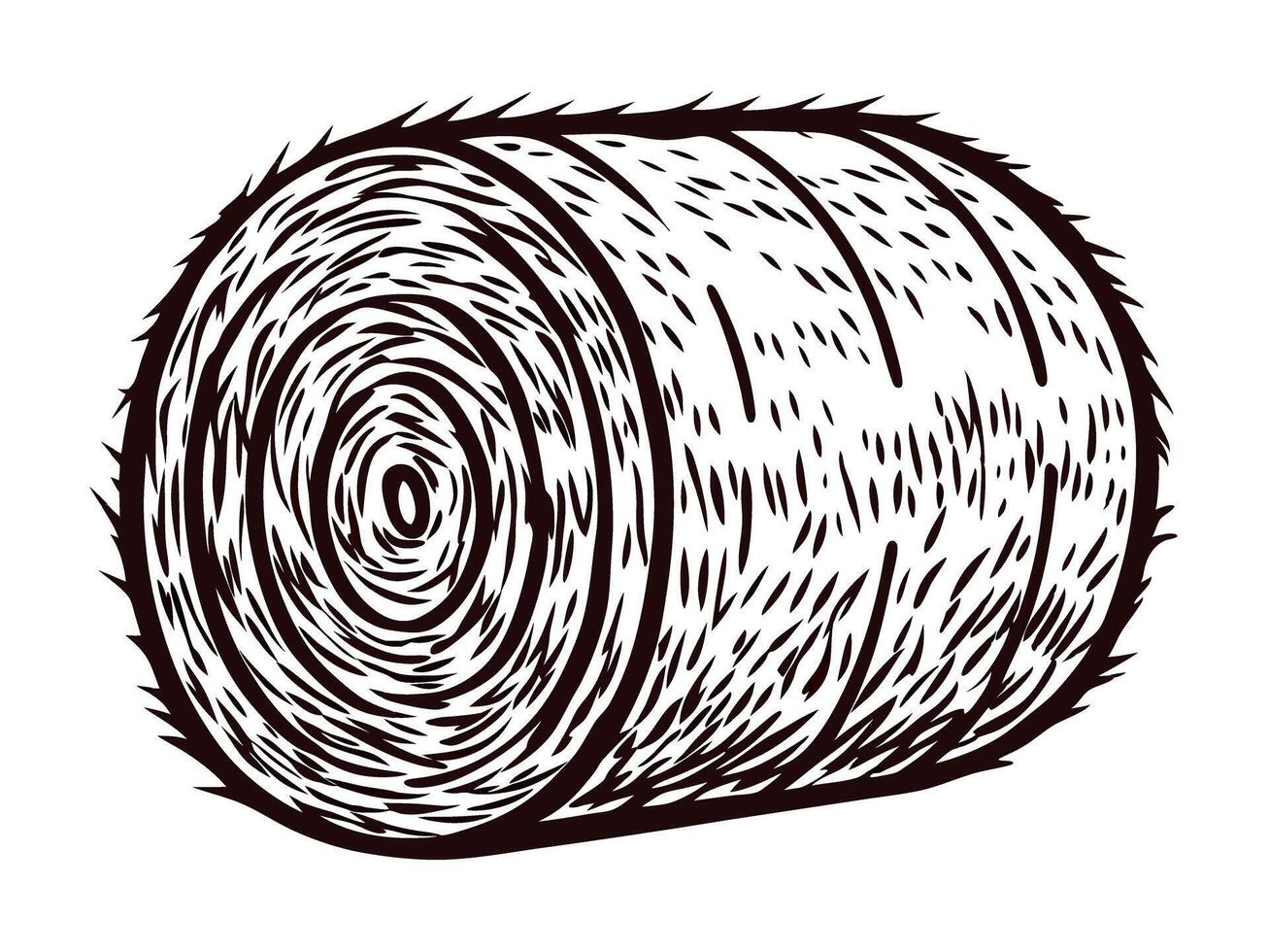 Black and white sketch of rolled hay bale in agricultural setting with detailed texture vector