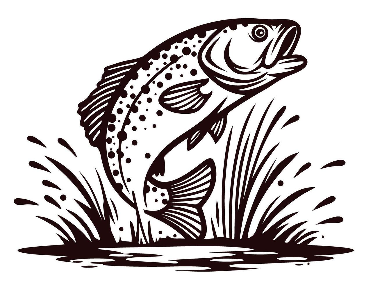 Jumping trout in dynamic aquatic environment with splashes and grass vector