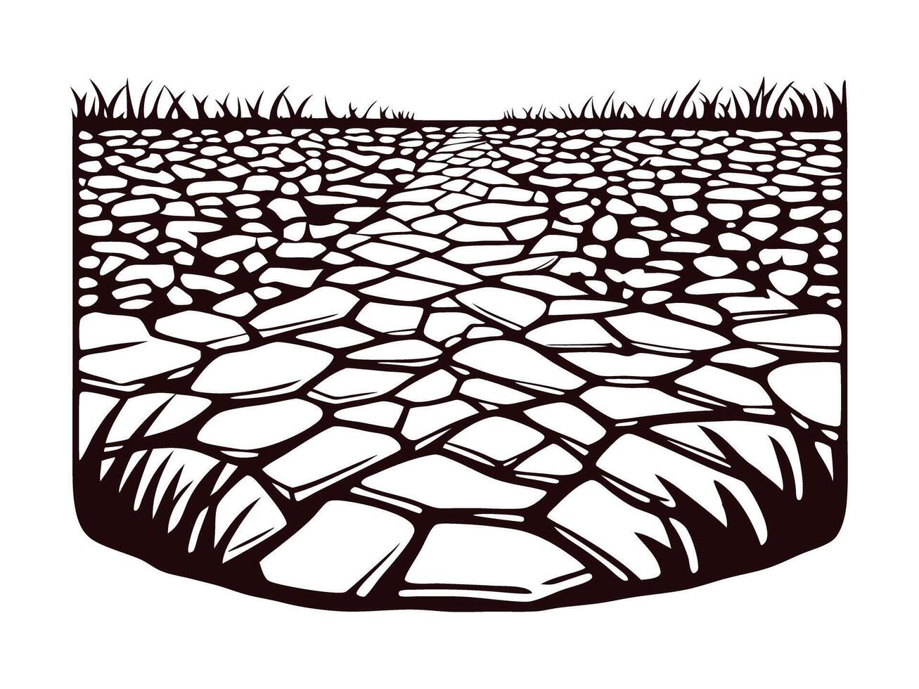 Black and white stone path leading through grass with intricate patterns vector