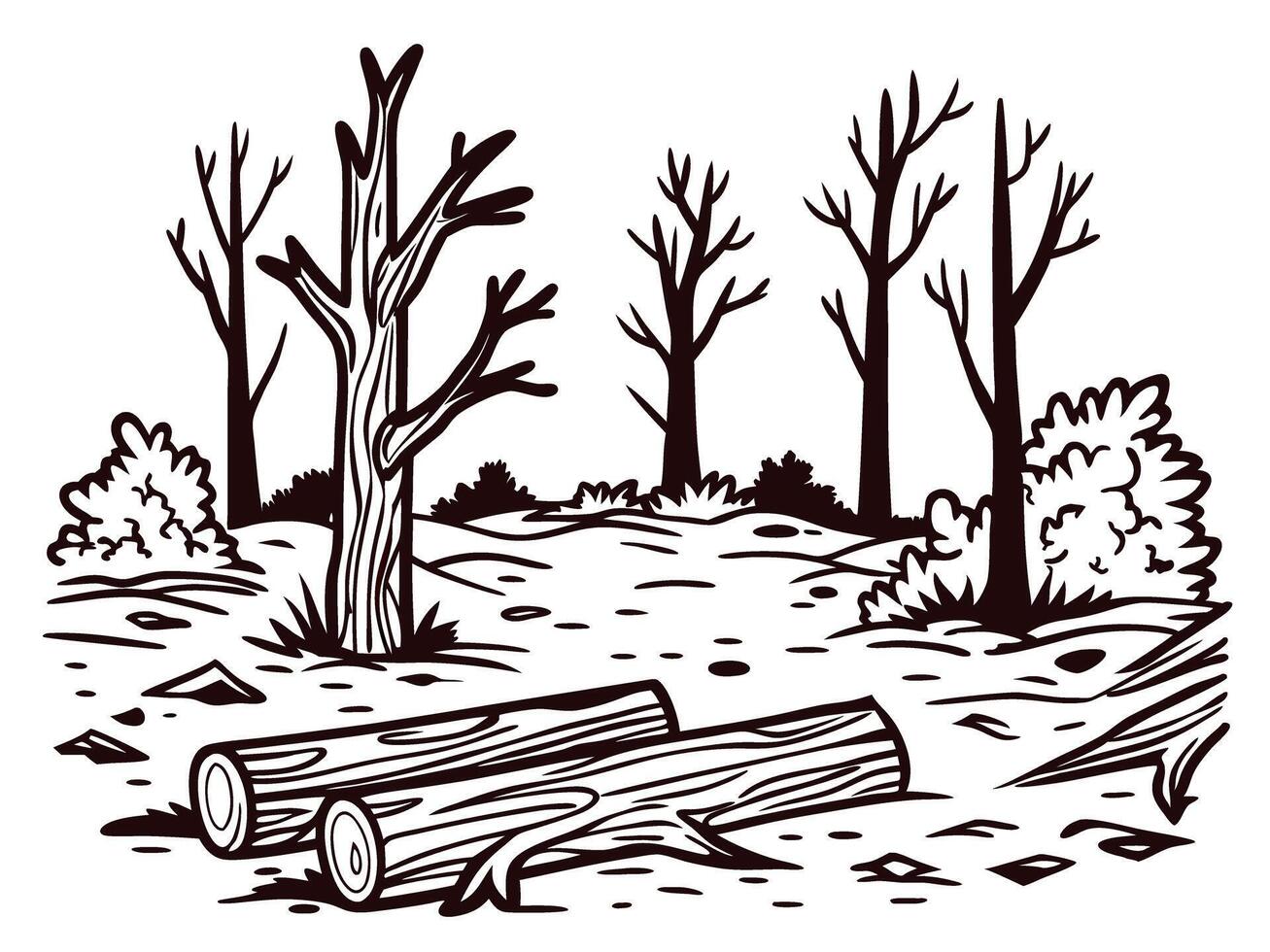 Autumn forest with barren trees and logs on the ground, capturing a serene wilderness landscape in monochrome artwork vector