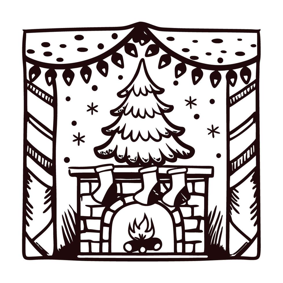 Festive holiday fireplace with stockings hanging and christmas tree design vector